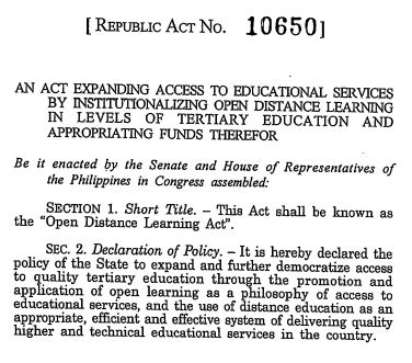 RA 10650: Open Distance Learning Act.